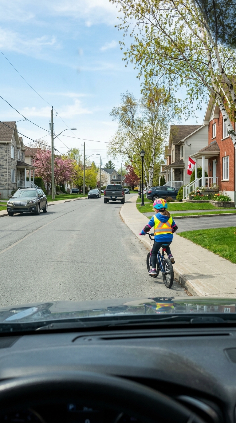 Un enfant à vélo près de la chaussée