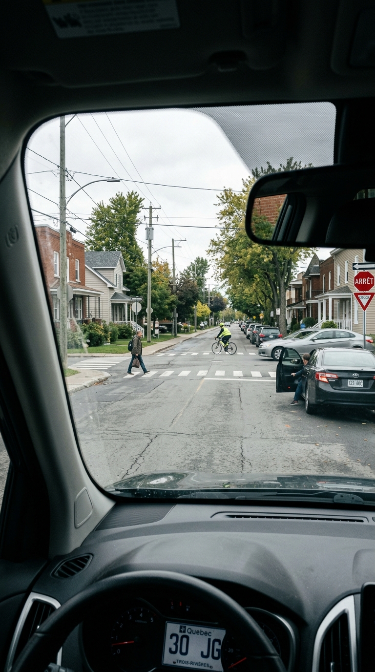 Une rue avec plusieurs usagers et obstacles